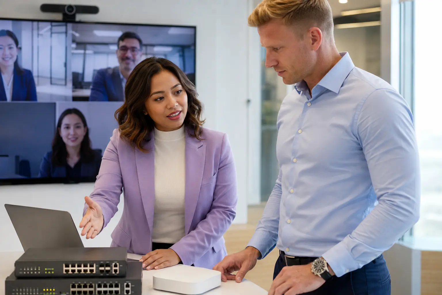 Technology consultants demonstrating packaged solutions