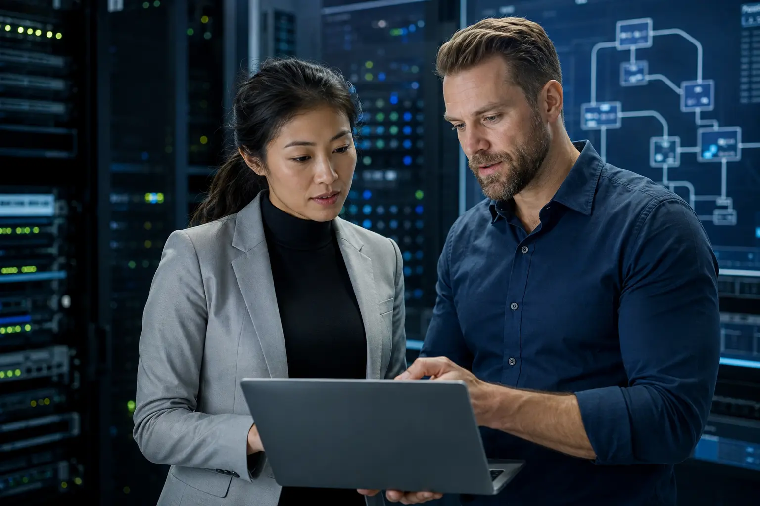 Solutions architect and cloud engineer reviewing enterprise technology